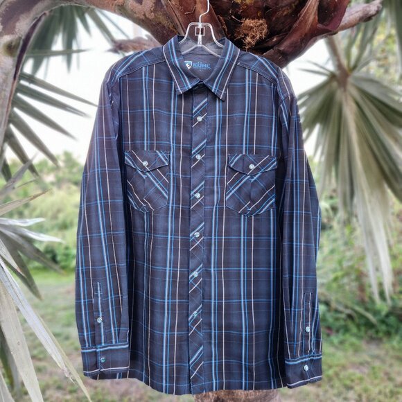 KÜHL Plaid Long-Sleeve Western Pearl Snap Shirt L- BLACK BLUE - Picture 1 of 6